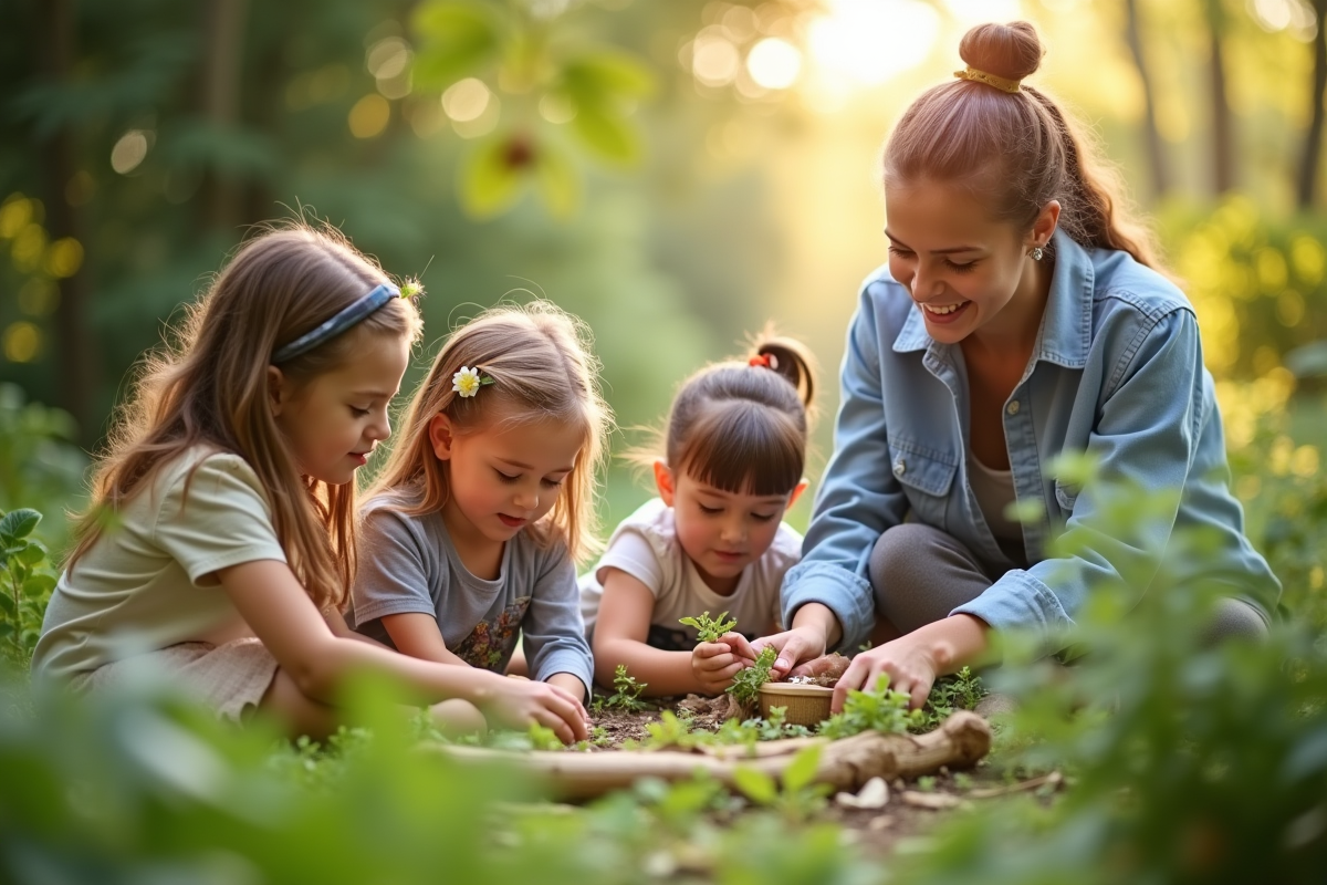 Enfants explorant un jardin Montessori avec un enseignant attentionne