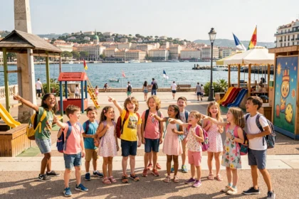 Groupe d'enfants heureux explorant les activités familiales à Marseille avec la mer Méditerranée en arrière-plan