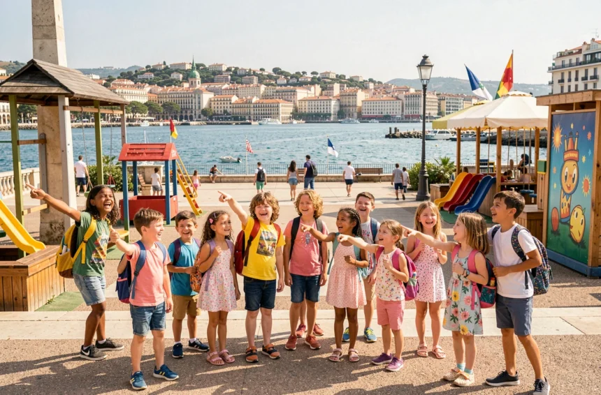Groupe d'enfants heureux explorant les activités familiales à Marseille avec la mer Méditerranée en arrière-plan
