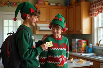 Ado farceur déguisé en lutin de Noël collant une note dans le dos de son ami dans une cuisine décorée pour les fêtes