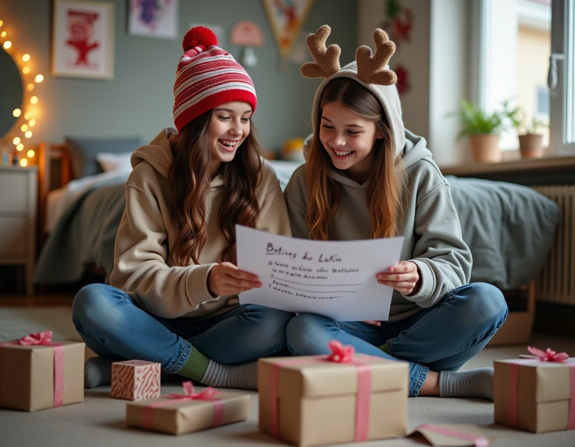 Deux adolescentes préparent des farces de lutin de Noël dans une chambre décorée avec des guirlandes lumineuses