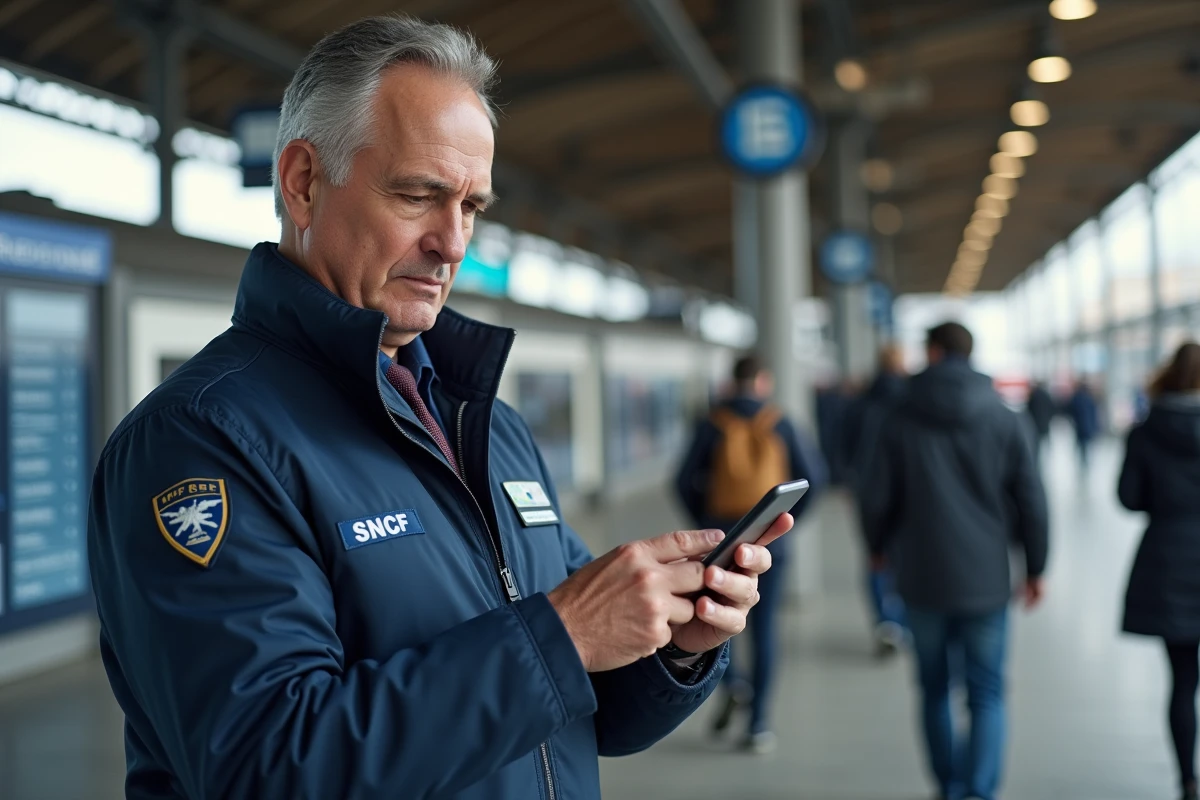 Agent SNCF en gare régionale consultant son smartphone pour trouver le numéro de l'agence paie et famille