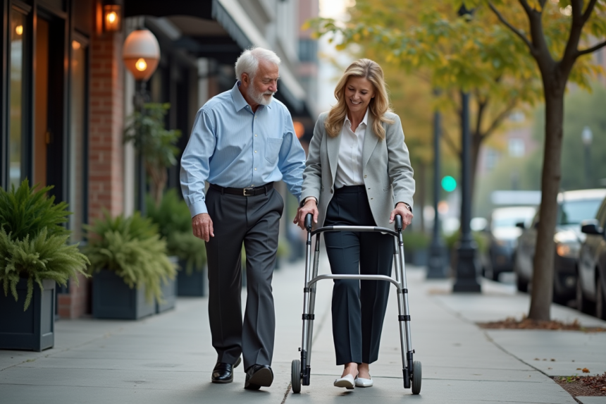 Femme aidant un senior dans la rue en ville