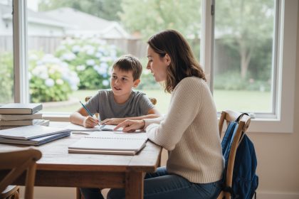 Professeure attentive aidant un enfant à faire ses devoirs