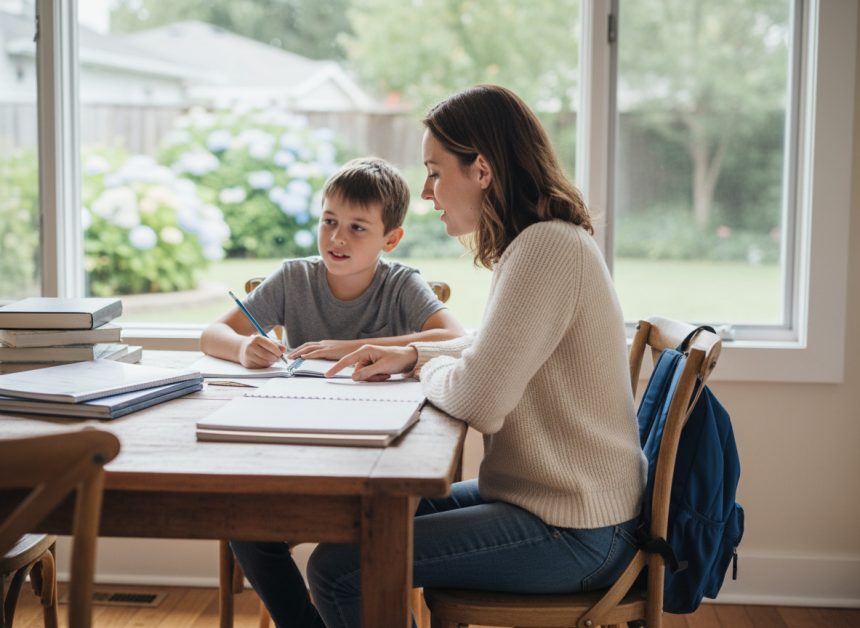 Professeure attentive aidant un enfant à faire ses devoirs