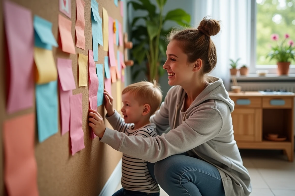 Assistante aidant un enfant à réaliser un collage mural