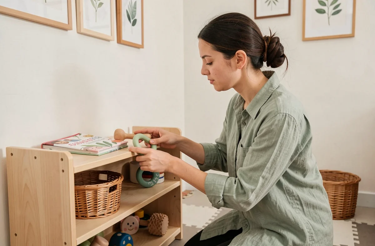 Mère aménageant un coin d'éveil Montessori avec des jouets sensoriels en bois et tissu sur une étagère basse ouverte dans une chambre de bébé minimaliste