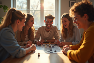 Groupe d'amis riant autour d'un jeu de société moderne
