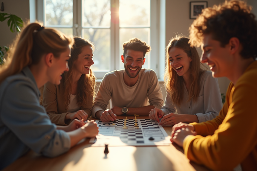 Groupe d'amis riant autour d'un jeu de société moderne