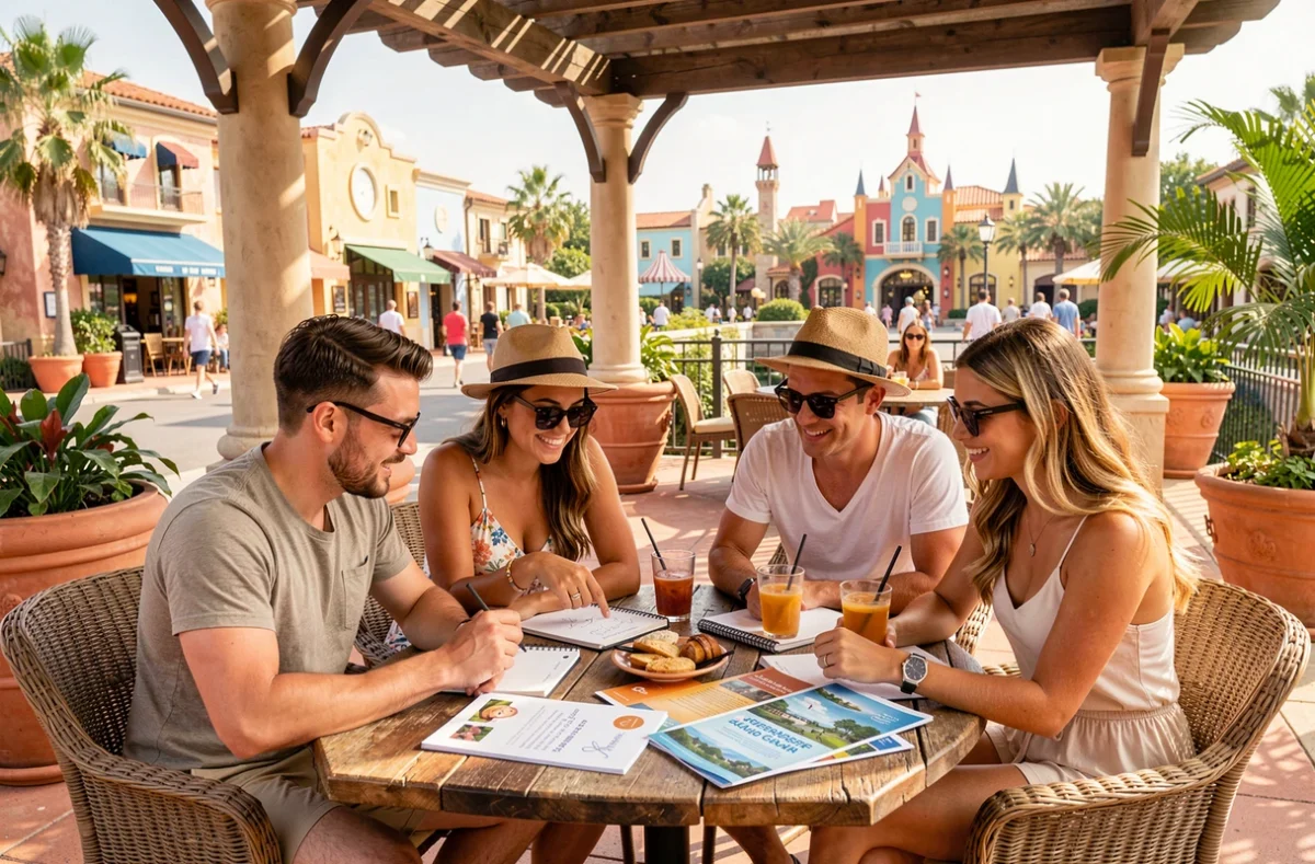 Groupe d'amis planifiant leur itinéraire d'attractions PortAventura autour d'une table en terrasse dans le parc