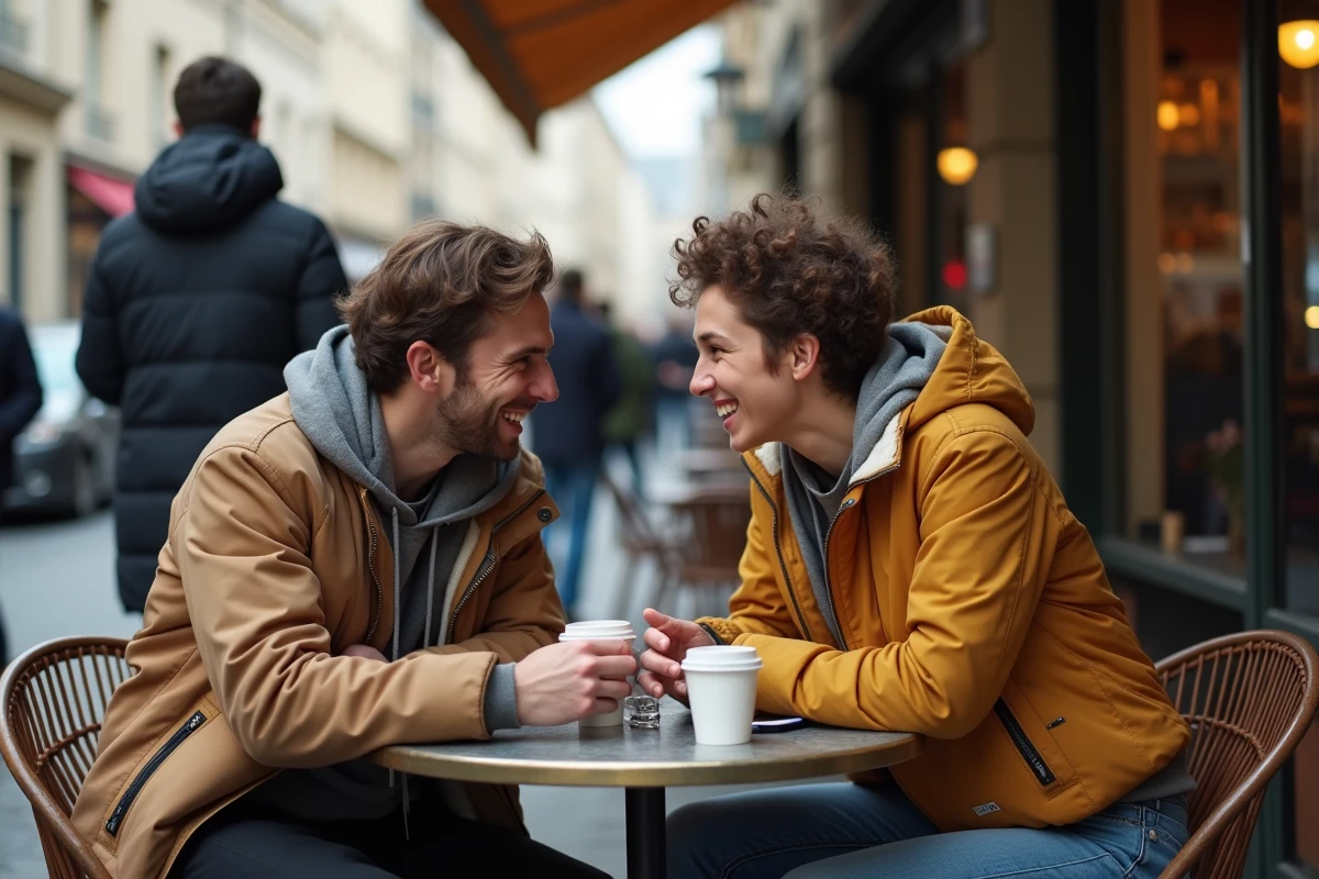 Groupe d'amis français discutant autour d'un café en terrasse parisienne, ambiance confidentielle et complicité entre proches