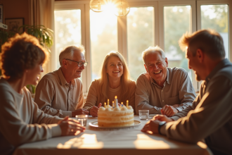Famille multigenerations célébrant 20 ans de mariage autour d'un gâteau