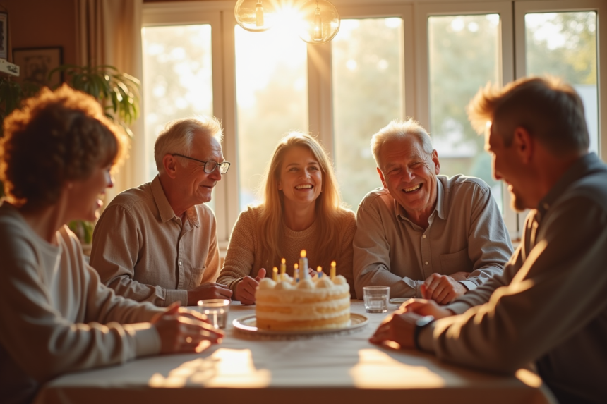 Famille multigenerations célébrant 20 ans de mariage autour d'un gâteau
