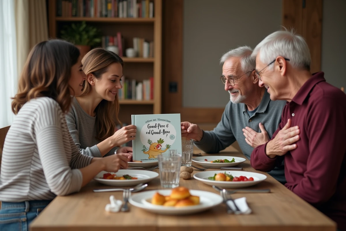 Jeune couple glissant un livre illustré personnalisé sur la table du dimanche pour annoncer une grossesse à ses parents