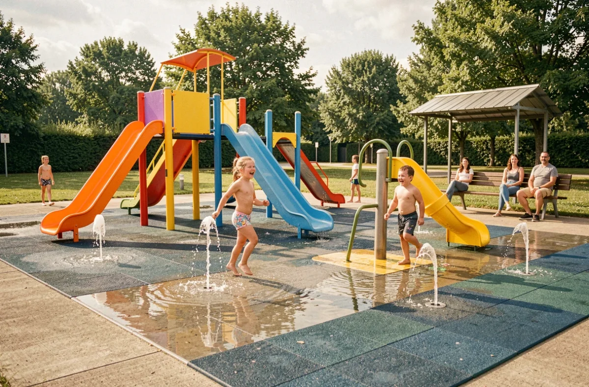 Aire de jeux aquatiques d'Aquaplaine dans les Hauts-de-France avec jets d'eau et toboggans pour enfants