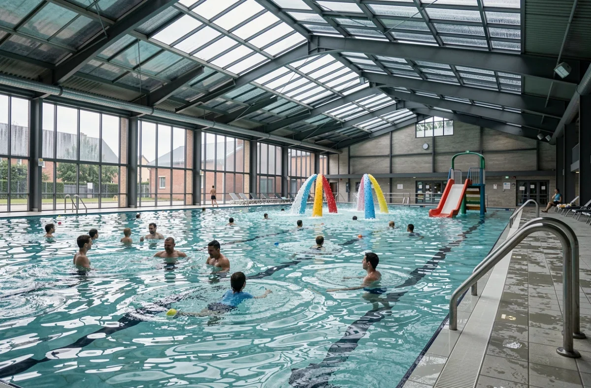 Grande halle aquatique intérieure de l'Aquapôle à Amiens avec bassin de loisirs et toboggans
