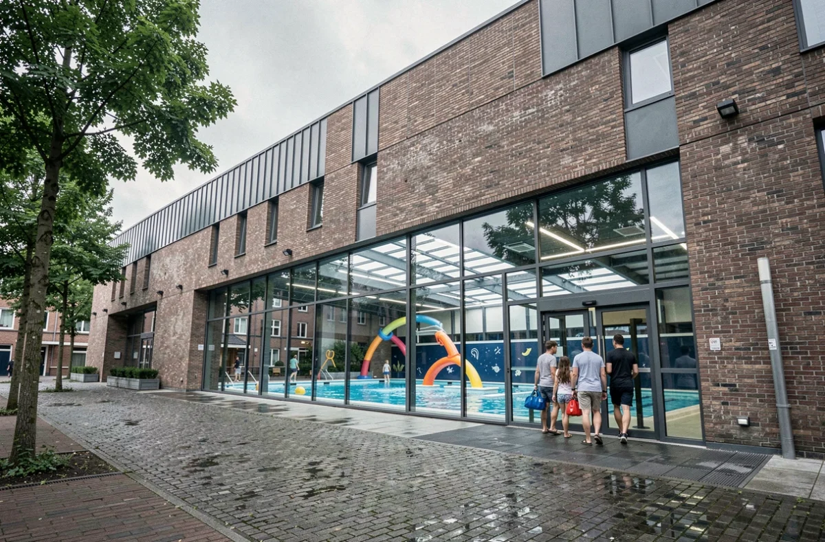Façade extérieure de l'Aquarena à Arras en Pas-de-Calais avec familles à l'entrée