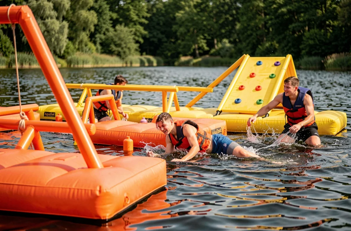 Parcours aquatique gonflable sur lac naturel à l'AquaSpot dans les Hauts-de-France