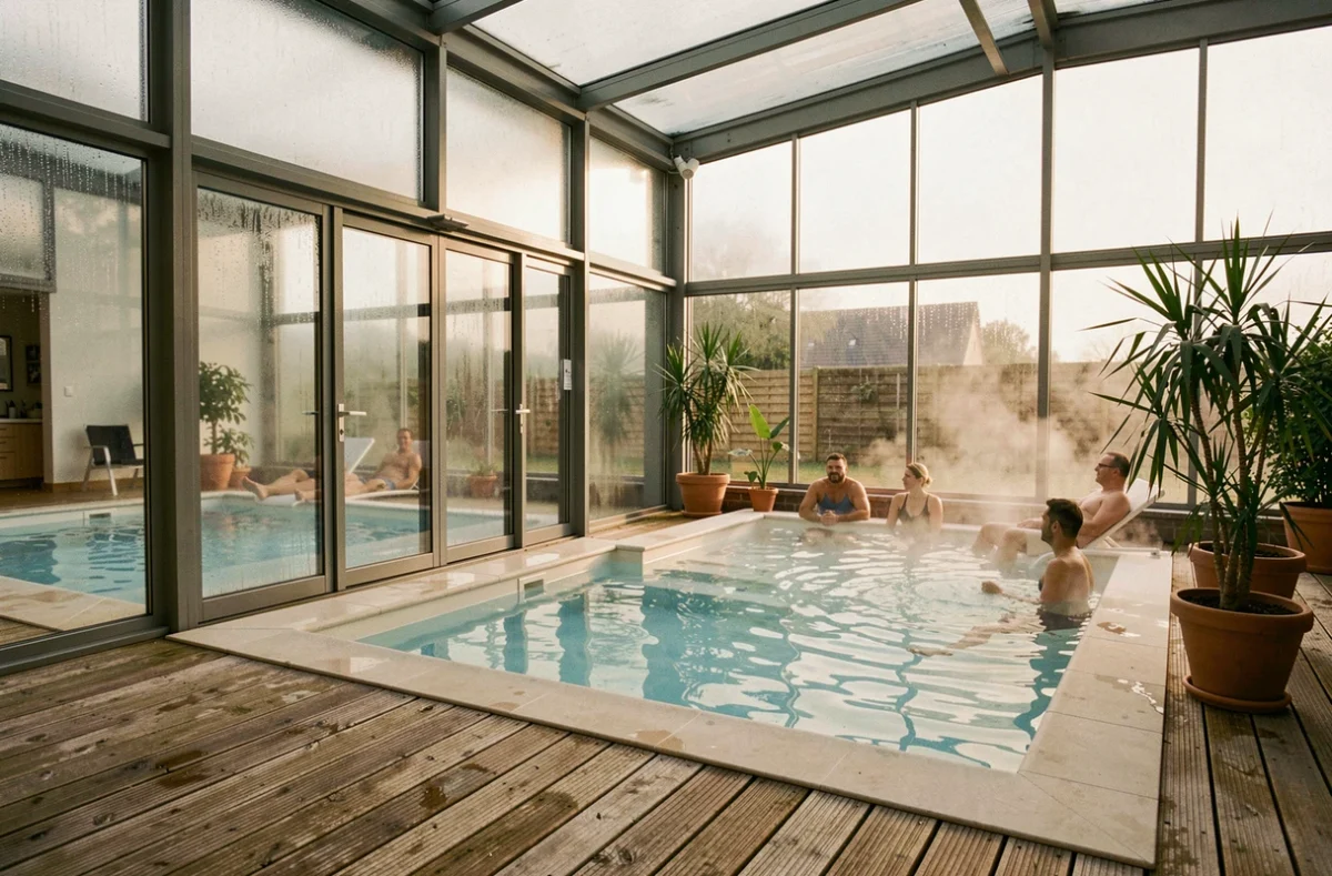 Espace piscine intérieur-extérieur de l'Aquathelle dans les Hauts-de-France avec terrasse en bois