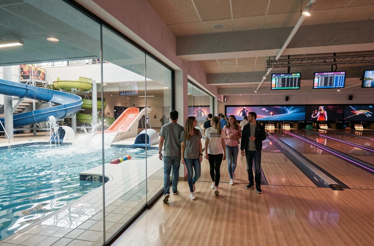 Centre aquatique et bowling combiné dans les Hauts-de-France avec piscine et pistes de bowling visibles