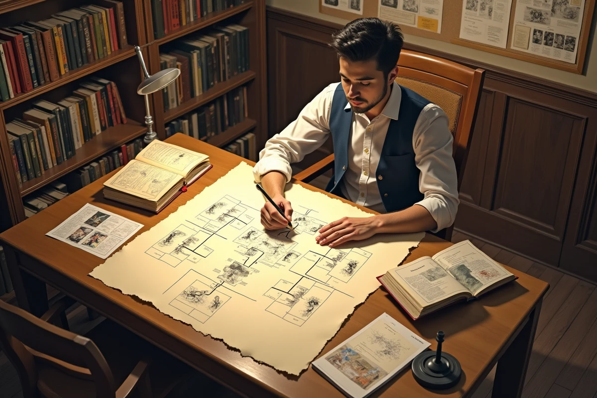Jeune homme dessinant un arbre généalogique de la famille Zoldyk entouré de volumes du manga Hunter x Hunter dans un bureau de maison