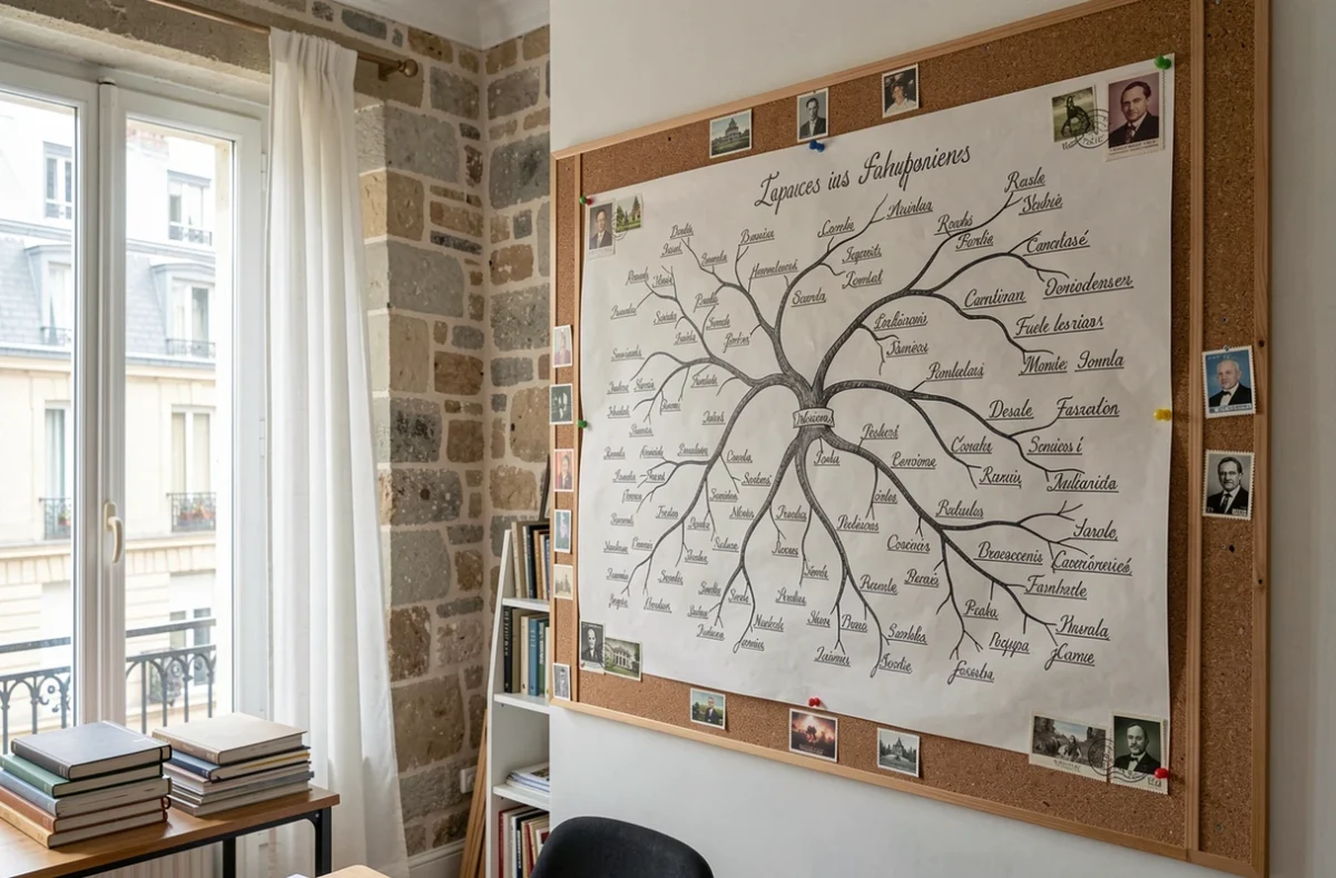Arbre généalogique manuscrit détaillé épinglé sur un tableau en liège dans un appartement parisien