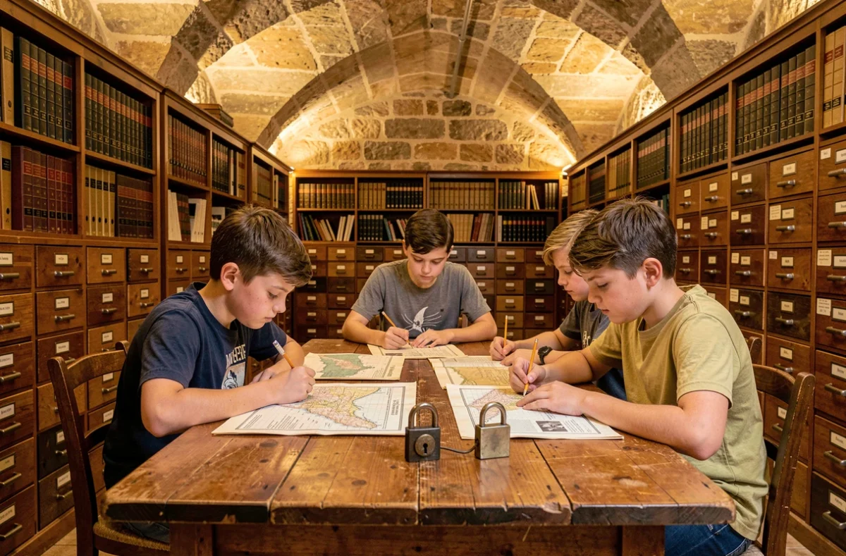 Enfants participant à un escape game patrimonial autour de documents anciens dans les Archives municipales de Marseille