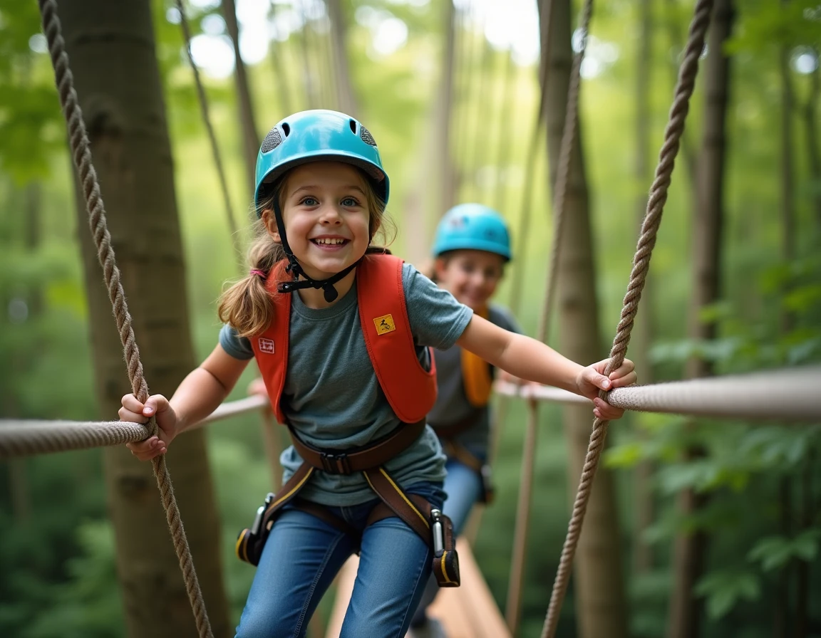 Enfants en harnais traversant des ponts de cordes dans les arbres à Aventure Land de Magny-en-Vexin