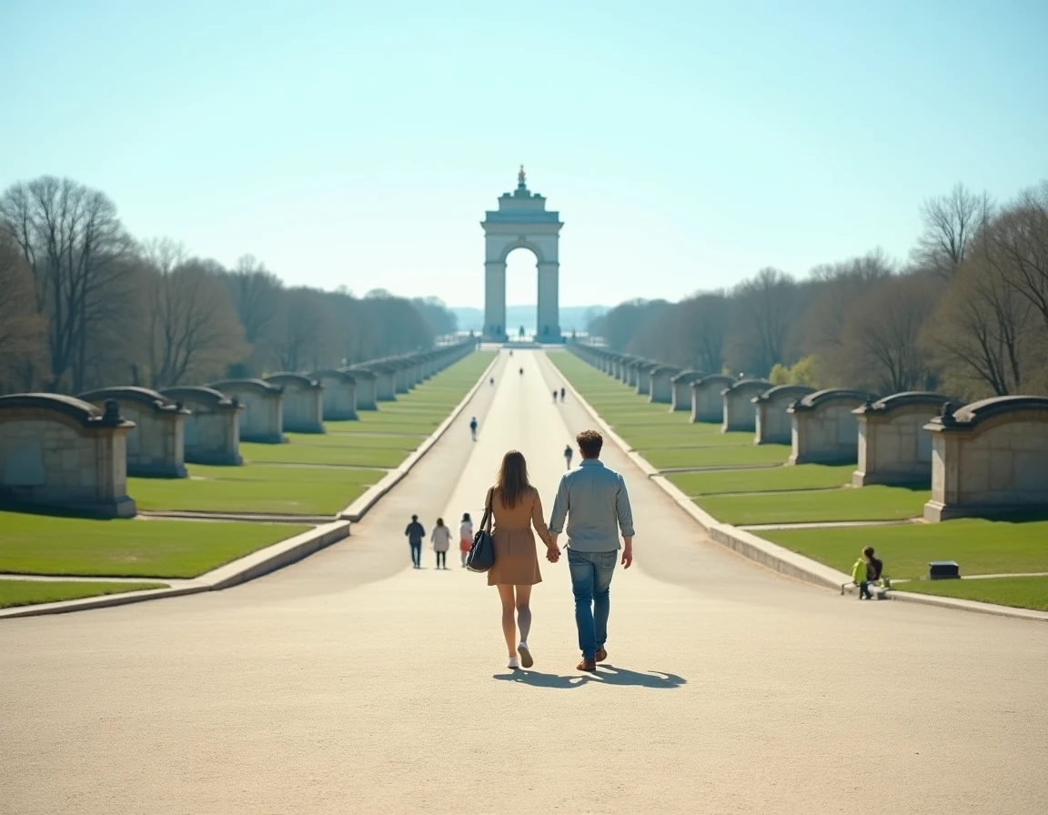 Couple se promenant sur l'esplanade géométrique de l'Axe Majeur de Cergy avec la tour du Belvédère en perspective