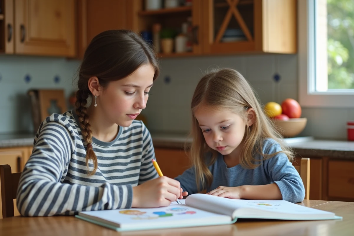 Jeune baby-sitter aidant une petite fille à faire ses devoirs à la table de cuisine