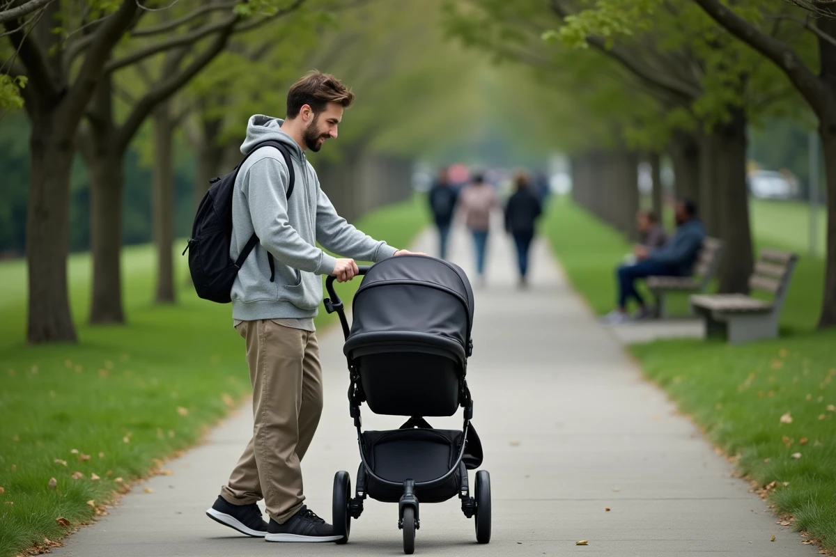 Homme baby-sitter promenant un bébé en poussette dans un parc urbain verdoyant