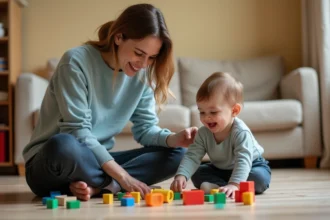 Baby-sitter assise par terre jouant avec un jeune enfant dans un salon familial chaleureux