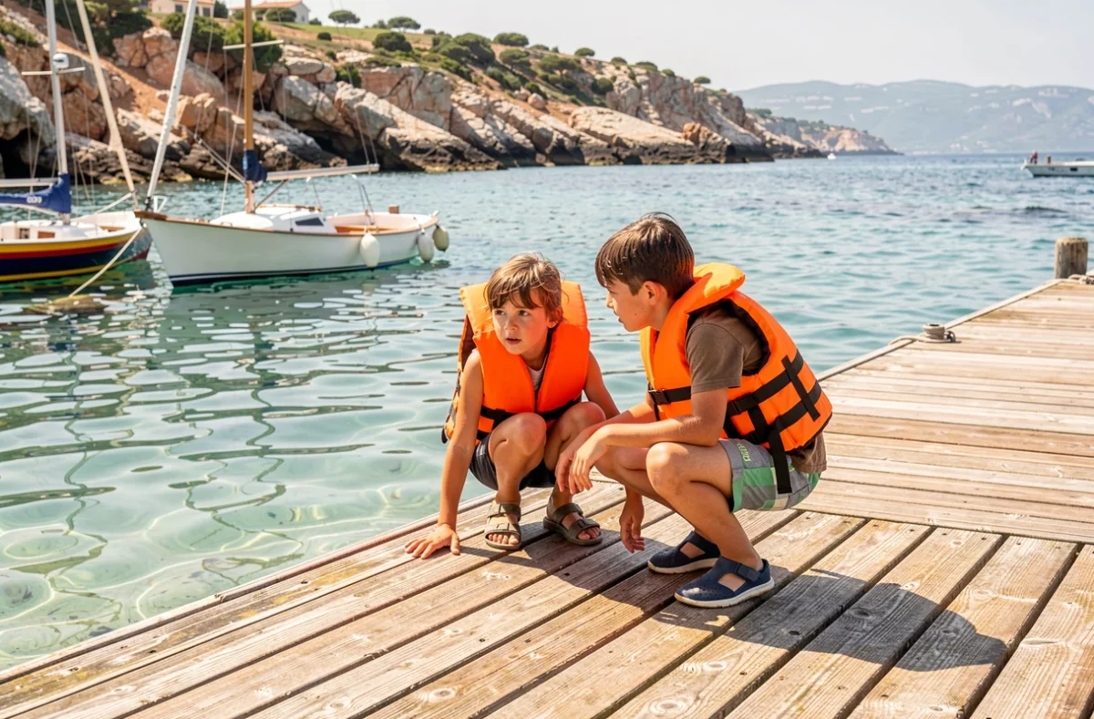 Deux enfants en gilet de sauvetage observant l'eau depuis le ponton de la base nautique de Corbières à Marseille