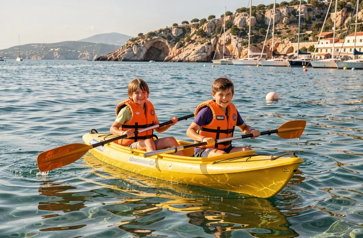 Deux enfants en gilet de sauvetage pagayant un kayak jaune à la base nautique de la Pointe Rouge à Marseille