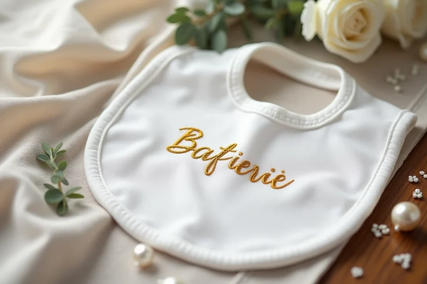 Bavoir blanc personnalisé brodé avec prénom en fil doré pour baptême, posé sur table en bois avec décoration florale