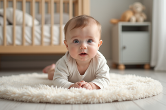 Bébé de 4 mois allongé sur un tapis dans une nurserie moderne