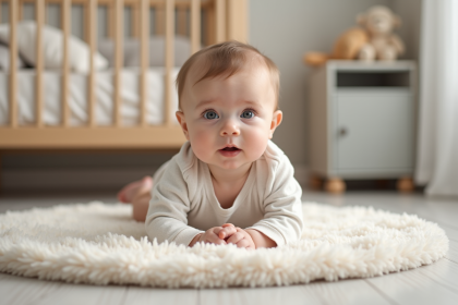 Bébé de 4 mois allongé sur un tapis dans une nurserie moderne