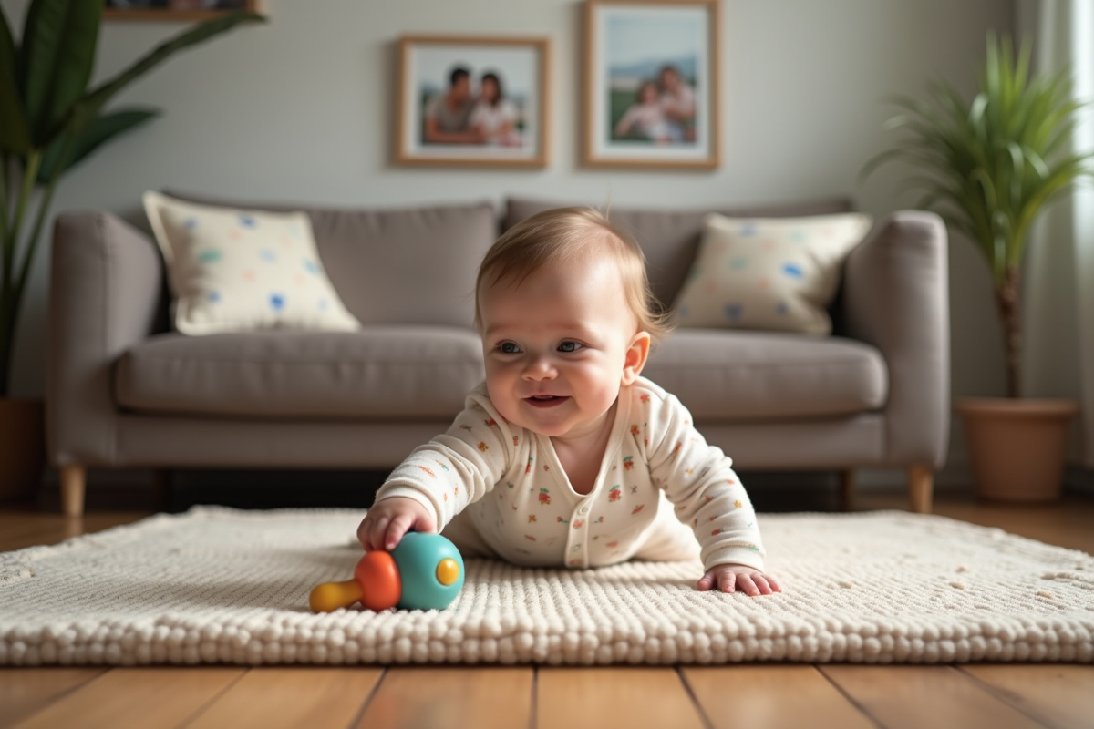 Bébé de 6 mois jouant avec un hochet dans le salon