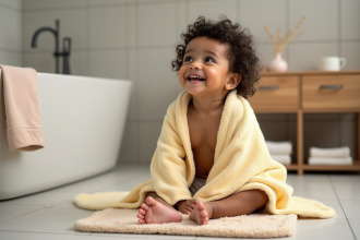 Bebe fille curieuse avec serviette jaune dans la salle de bain