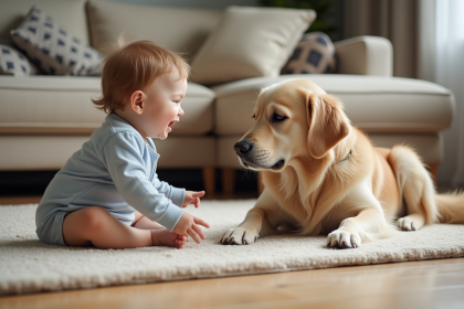 Bébé curieux avec chien golden retriever dans le salon