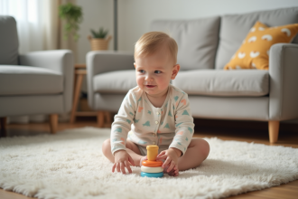 Bébé de 10 mois en body pastel joue dans un salon chaleureux