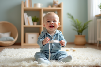 Bébé garçon souriant en tenue bleue dans une nurserie chaleureuse
