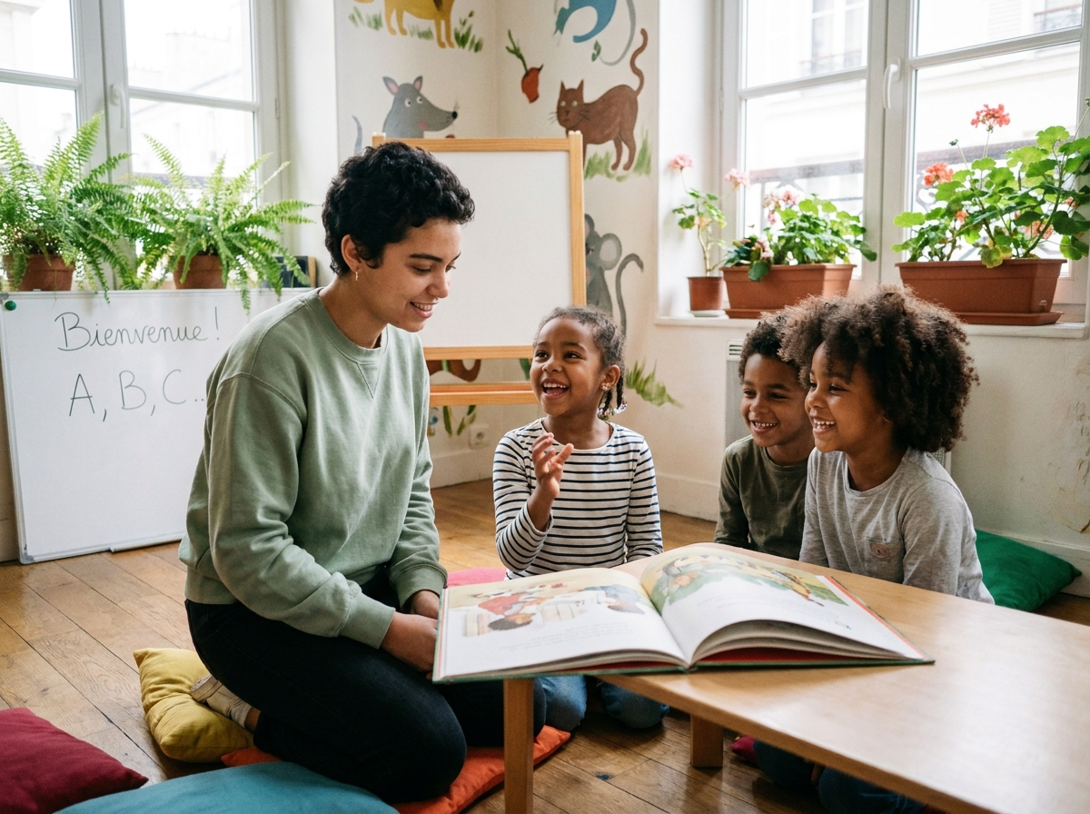 Bénévole animant un atelier de lecture avec des enfants dans une association parisienne d'aide à l'apprentissage
