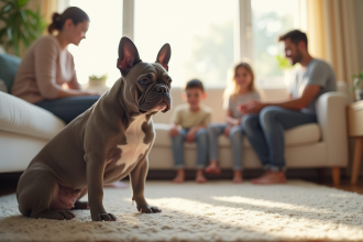 Bouledogue français dans un salon lumineux avec famille heureuse