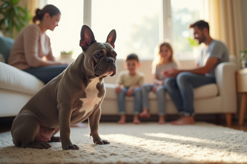 Bouledogue français dans un salon lumineux avec famille heureuse