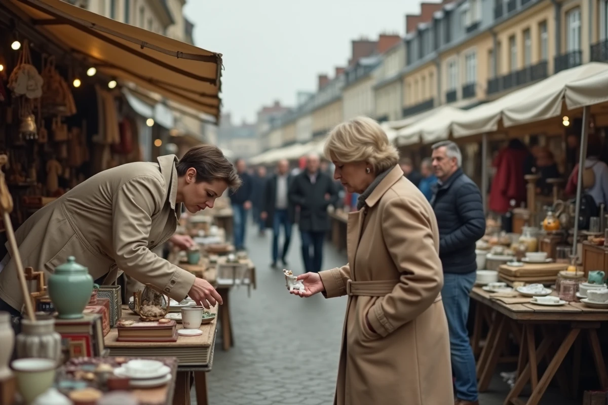 Braderie de Lille avec une femme inspectant des objets vintage sur les étals d'un marché aux puces en plein air