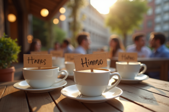 Terrasse de café avec noms en H sur tasses chaleureuses