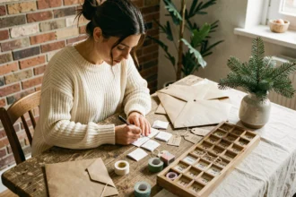 Femme préparant un calendrier de l'Avent à remplir soi-même avec de petits papiers et enveloppes kraft sur une table en bois rustique