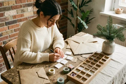 Femme préparant un calendrier de l'Avent à remplir soi-même avec de petits papiers et enveloppes kraft sur une table en bois rustique
