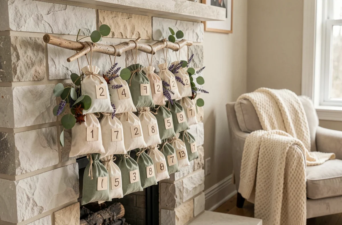 Calendrier de l'Avent fait maison avec 24 sachets en tissu numérotés accrochés sur une branche de bois flotté au-dessus d'une cheminée décorée